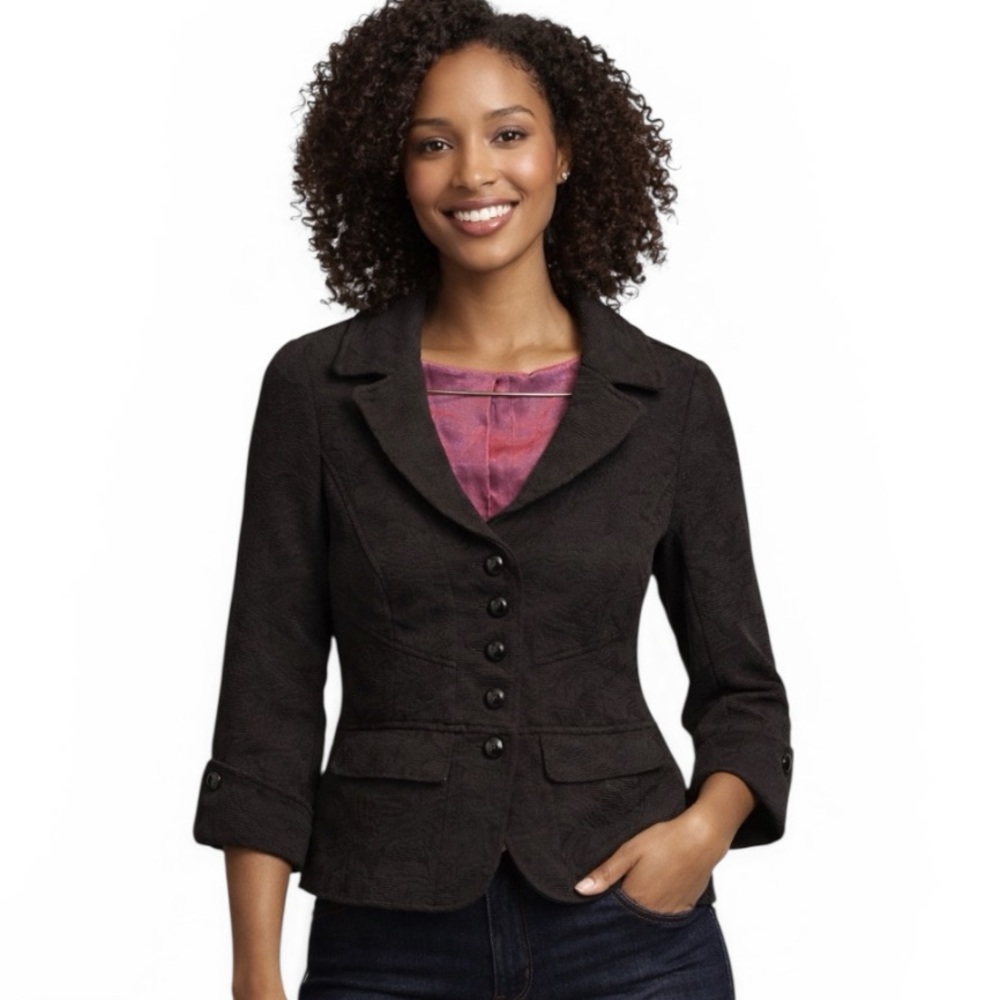 Dalia Collection Black Textured Blazer Women’s Size 8 Fitted 3/4 Sleeve Cropped